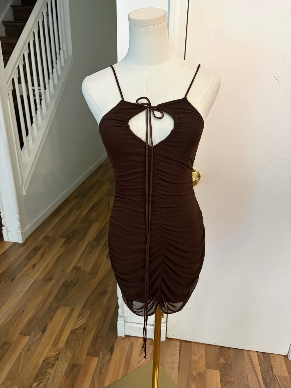 Motel Chocolate Brown Ruched Cutout Mini Dress, Small, EUC